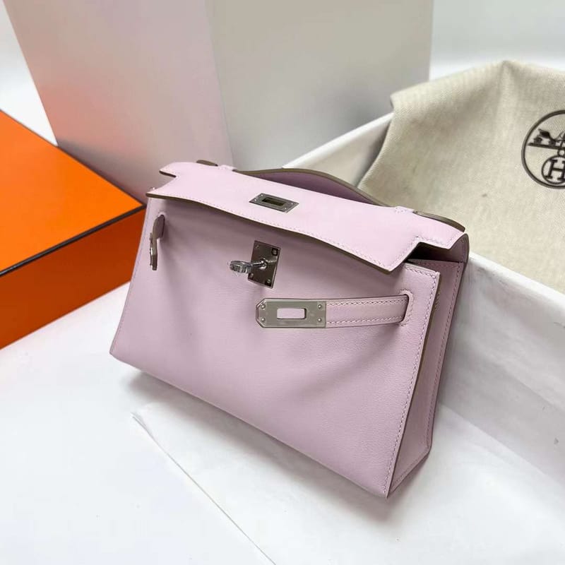 MINI KELLY POCHETTE SWIFT 09 LIGHT PINK SILVER HARDWARE PHW 22CM FULL HANDMADE