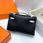 MINI KELLY POCHETTE SWIFT CK89 BLACK & CK10 CREAMY WHITE SILVER HARDWARE PHW 22CM FULL HANDMADE