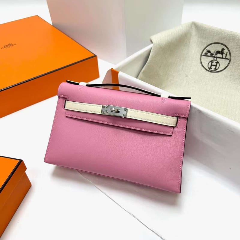 MINI KELLY POCHETTE SWIFT 5P ROSE SAKURA & I2 CREAMY WHITE SILVER HARDWARE PHW 22CM FULL HANDMADE