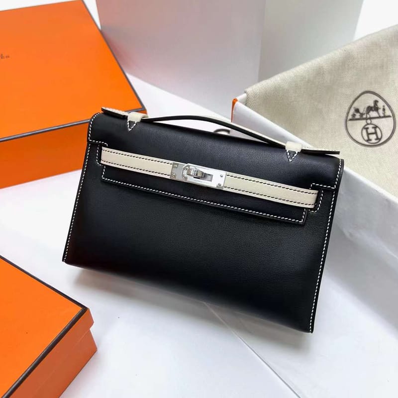 MINI KELLY POCHETTE SWIFT CK89 BLACK & CK10 CREAMY WHITE SILVER HARDWARE PHW 22CM FULL HANDMADE