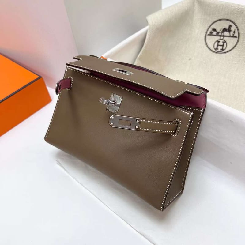 MINI KELLY POCHETTE SWIFT CK18 ETOUPE GREY & 5P SAKURA PINK SILVER HARDWARE PHW 22CM FULL HANDMADE