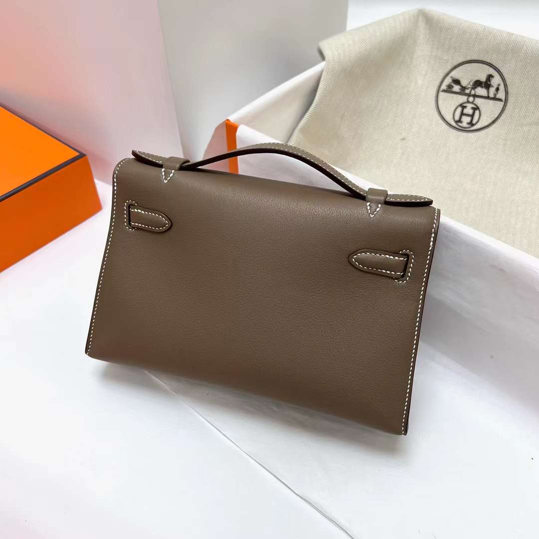 MINI KELLY POCHETTE SWIFT CK18 ETOUPE GREY & 5P SAKURA PINK SILVER HARDWARE PHW 22CM FULL HANDMADE