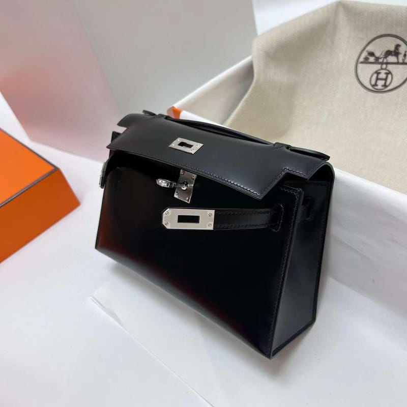 MINI KELLY POCHETTE BOX CK89 BLACK SILVER HARDWARE PHW 22CM FULL HANDMADE