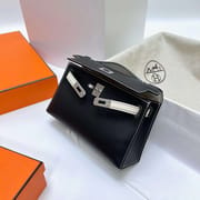 MINI KELLY POCHETTE SWIFT CK89 BLACK & CK10 CREAMY WHITE SILVER HARDWARE PHW 22CM FULL HANDMADE