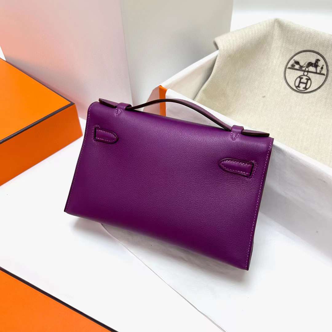 MINI KELLY POCHETTE SWIFT P9 ACTINIAE PURPLE GOLD HARDWARE GHW 22CM FULL HANDMADE