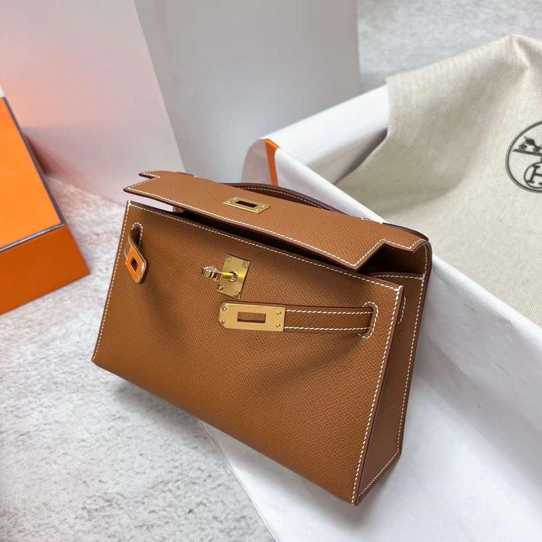 MINI KELLY POCHETTE EPSOM CK37 GOLDEN BROWN GOLD HARDWARE GHW 22CM FULL HANDMADE