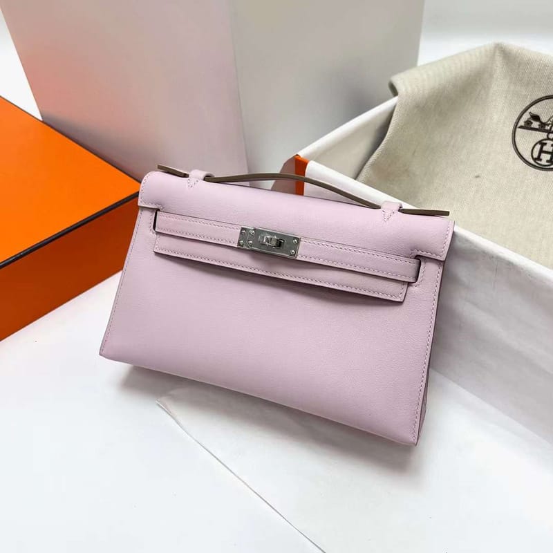 MINI KELLY POCHETTE SWIFT 09 LIGHT PINK SILVER HARDWARE PHW 22CM FULL HANDMADE
