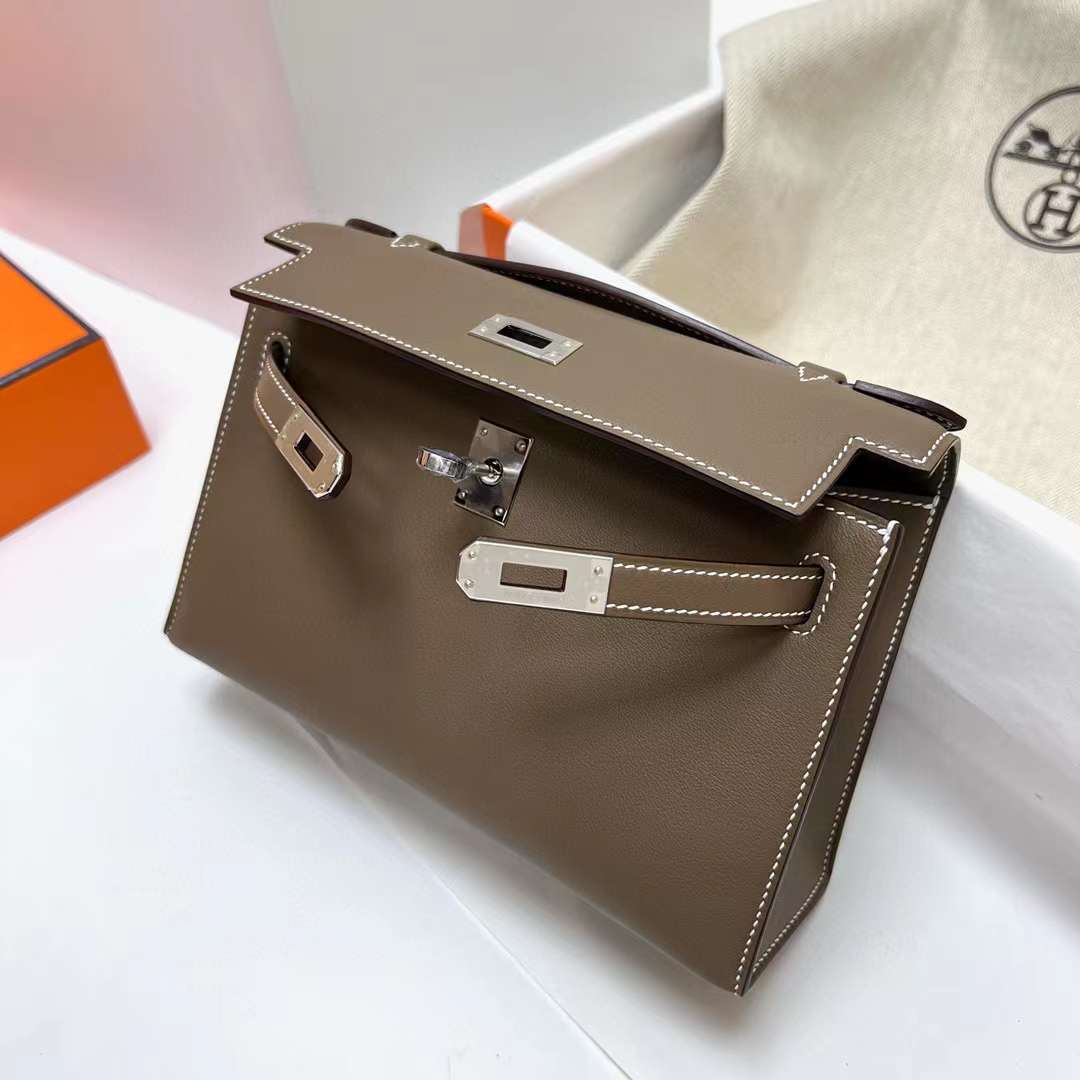 MINI KELLY POCHETTE SWIFT CK18 ETOUPE GREY SILVER HARDWARE PHW 22CM FULL HANDMADE