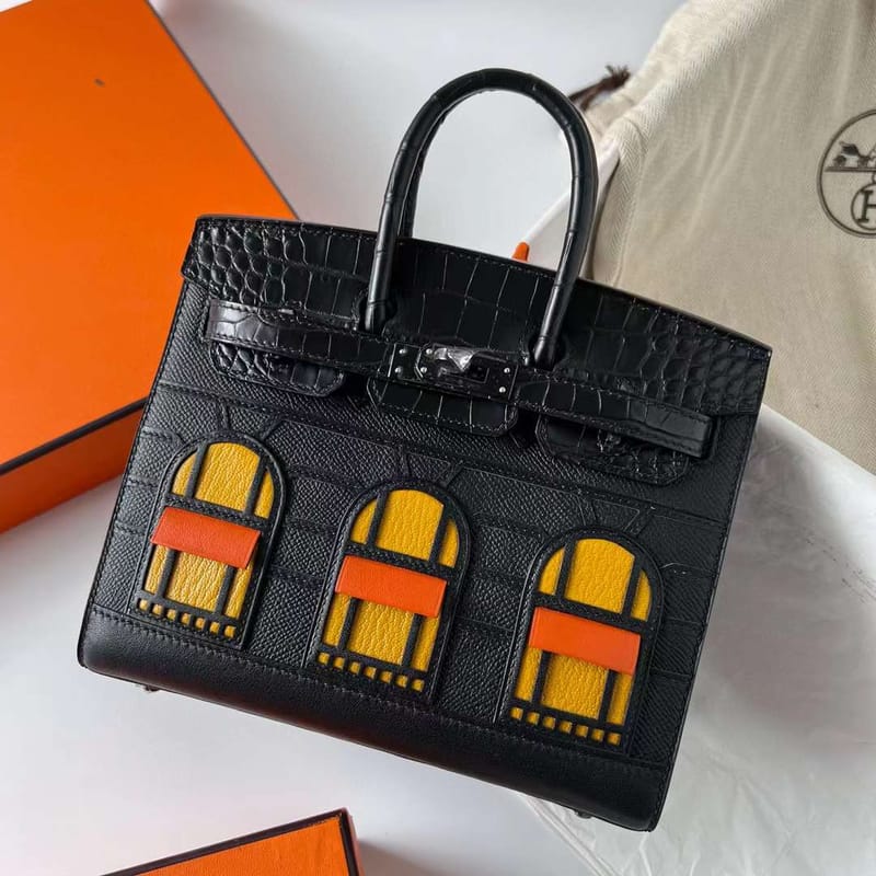 BIRKIN EPSOM & CROCODILE BLACK BLACK BUCKLE 20CM FULL HANDMADE