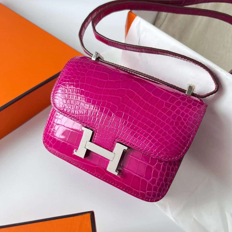 CONSTANCE SHINY ALLIGATOR CROCODILE J5 DEEP PURPLE PINK SILVER HARDWARE PHW 14CM FULL HANDMADE