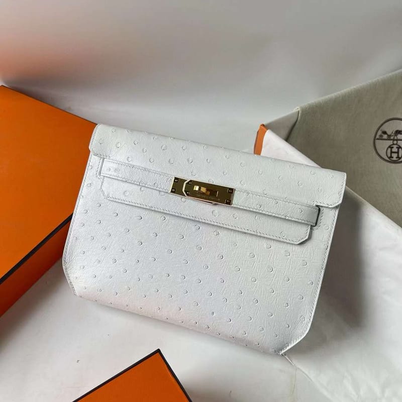KELLY DEPECHES OSTRICH 01 PURE WHITE GOLD HARDWARE 25CM FULL HANDMADE GHW