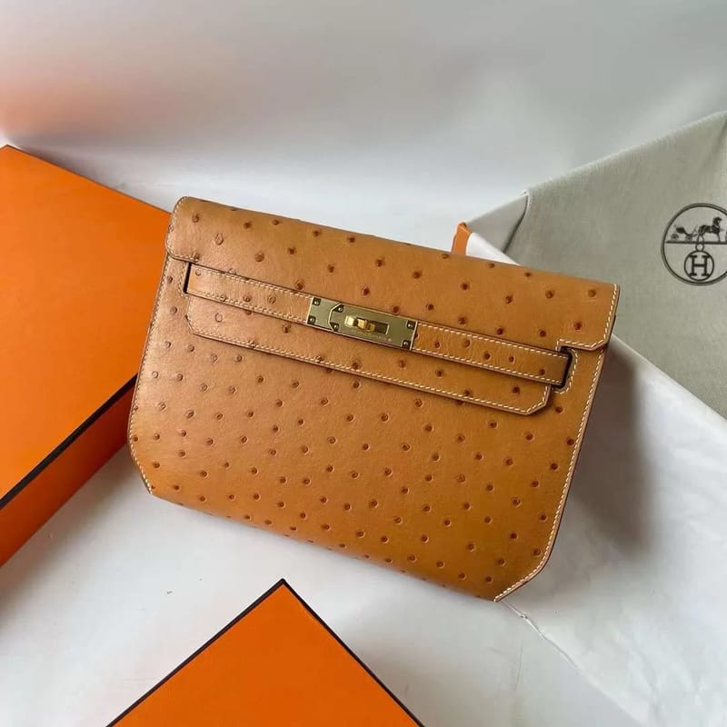 KELLY DEPECHES OSTRICH 1H LIGHT GOLDEN BROWN GOLD HARDWARE 25CM FULL HANDMADE GHW