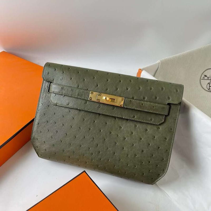 KELLY DEPECHES OSTRICH V6 JUNGLE GREEN GOLD HARDWARE 25CM FULL HANDMADE GHW
