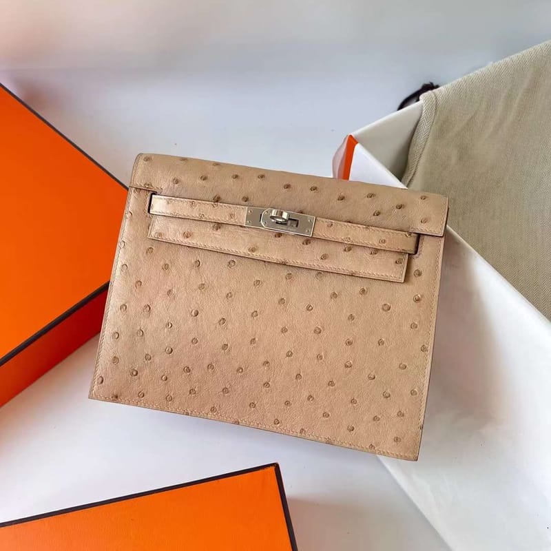 KELLY DANSE OSTRICH S2 KHAKI SILVER HARDWARE PHW 22CM FULL HANDMADE