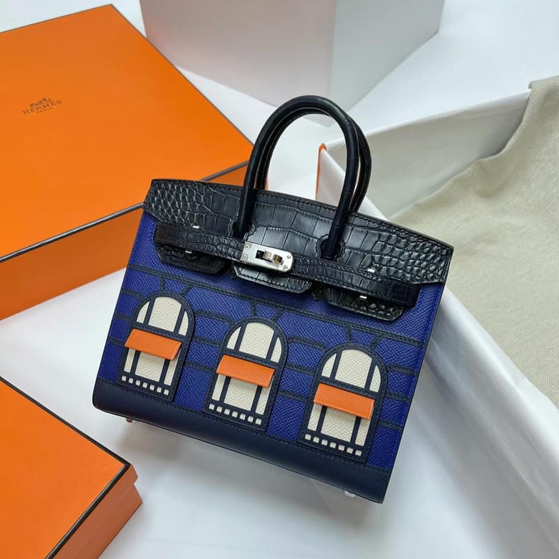 BIRKIN EPSOM & CROCODILE BLUE SILVER HARDWARE PHW 20CM FULL HANDMADE