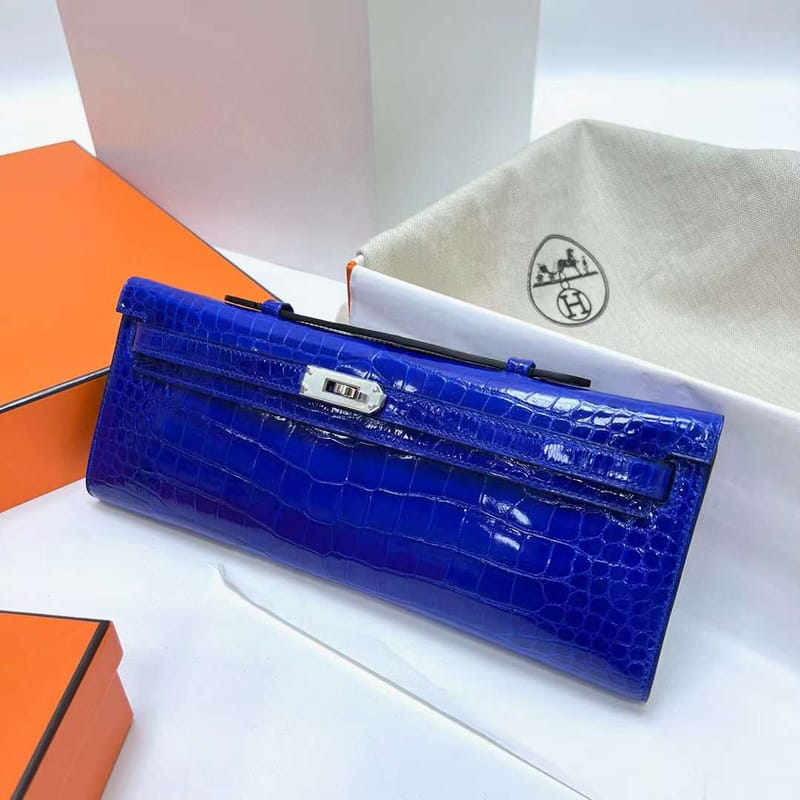 KELLY CUT SHINY POROSUS CROCODILE 7T SHINY BLUE SILVER HARDWARE 31CM FULL HANDMADE
