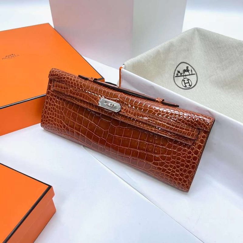 KELLY CUT SHINY POROSUS CROCODILE CK31 HONEY BROWN SILVER HARDWARE 31CM FULL HANDMADE