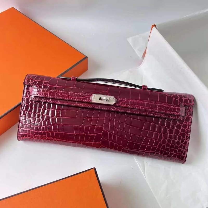 KELLY CUT SHINY POROSUS CROCODILE F5 WINE RED SILVER HARDWARE PHW 31CM FULL HANDMADE