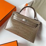 MINI KELLY SHINY ALLIGATOR CROCODILE CK18 ETOUPE GREY SILVER HARDWARE PHW 19CM FULL HANDMADE