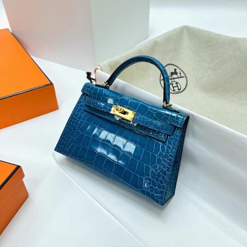 MINI KELLY SHINY ALLIGATOR CROCODILE 7W IZMIR BLUE GOLD HARDWARE GHW 19CM FULL HANDMADE