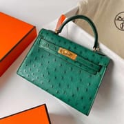 MINI KELLY KK OSTRICH U4 VELVET GREEN GOLD HARDWARE GHW 19CM FULL HANDMADE