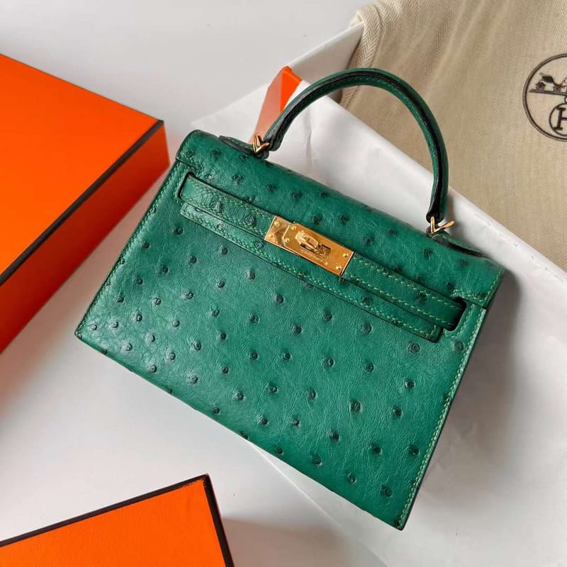 MINI KELLY KK OSTRICH U4 VELVET GREEN GOLD HARDWARE GHW 19CM FULL HANDMADE