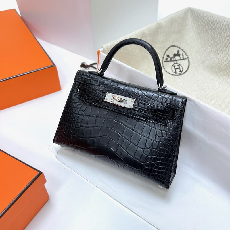 MINI KELLY LL ALLIGATOR MATTE CK89 BLACK SILVER HARDWARE PHW 19CM FULL HA