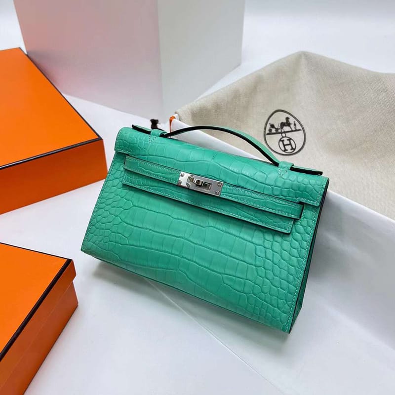 MINI KELLY POCHETTE MATTE ALLIGATOR CROCODILE 6W MINT GREEN SILVER HARDWARE PHW 22CM FULL HANDMADE