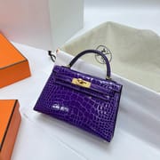 MINI KELLY SHINY ALLIGATOR CROCODILE 5L DARK PURPLE GOLD HARDWARE GHW 19CM FULL HANDMADE