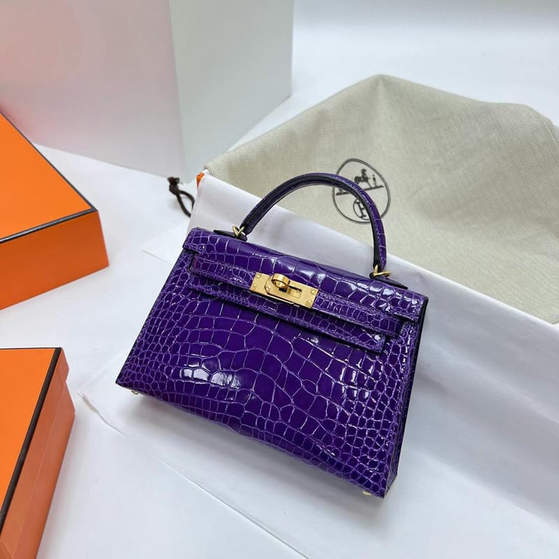 MINI KELLY SHINY ALLIGATOR CROCODILE 5L DARK PURPLE GOLD HARDWARE GHW 19CM FULL HANDMADE