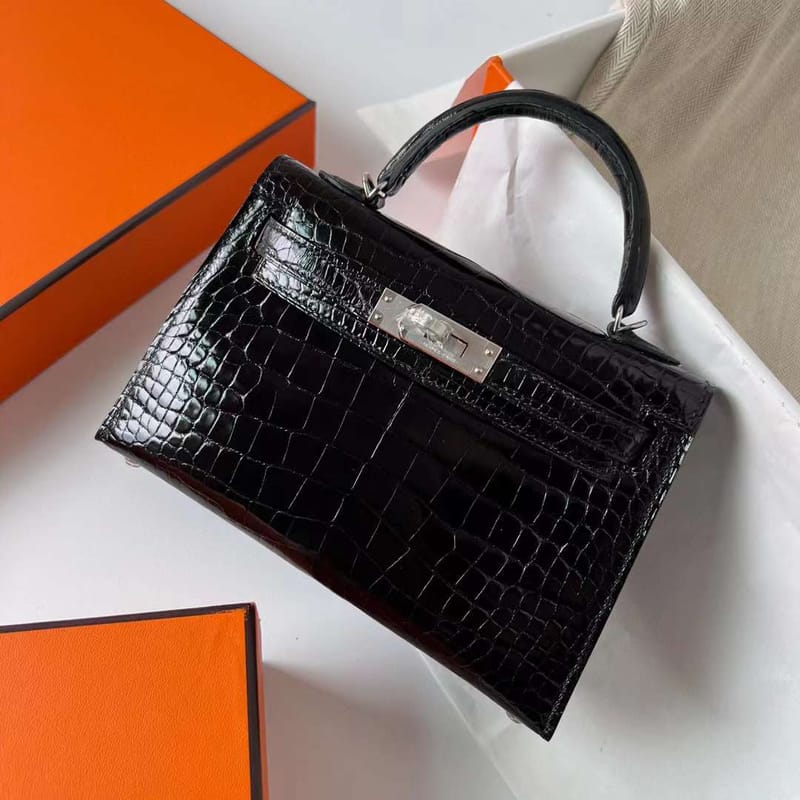MINI KELLY SHINY ALLIGATOR CROCODILE CK89 BLACK SILVER HARDWARE PHW 19CM FULL HANDMADE