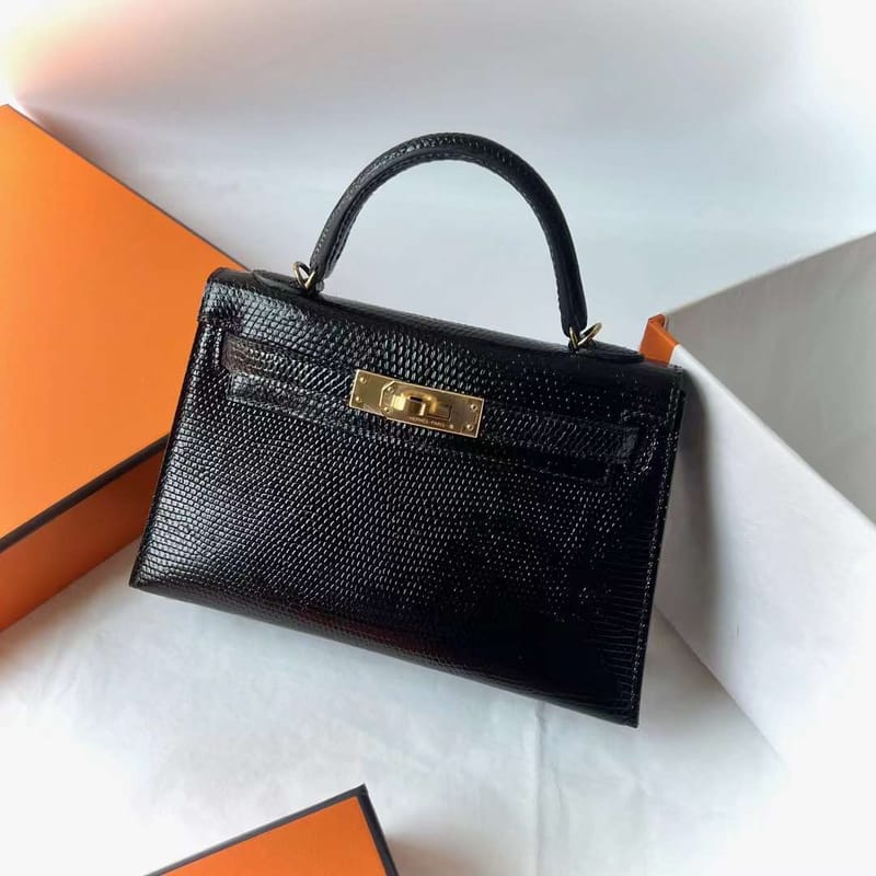 MINI KELLY LIZARD CK89 BLACK GOLD HARDWARE 19CM FULL HANDMADE GHW