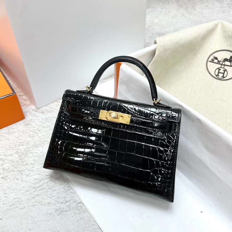 MINI KELLY SHINY ALLIGATOR CROCODILE CK89 BLACK GOLD HARDWARE GHW 19CM FULL HANDMADE