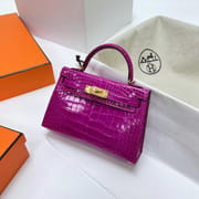 MINI KELLY SHINY ALLIGATOR CROCODILE J5 PINKISH PURPLE GOLD HARDWARE GHW 19CM FULL HANDMADE