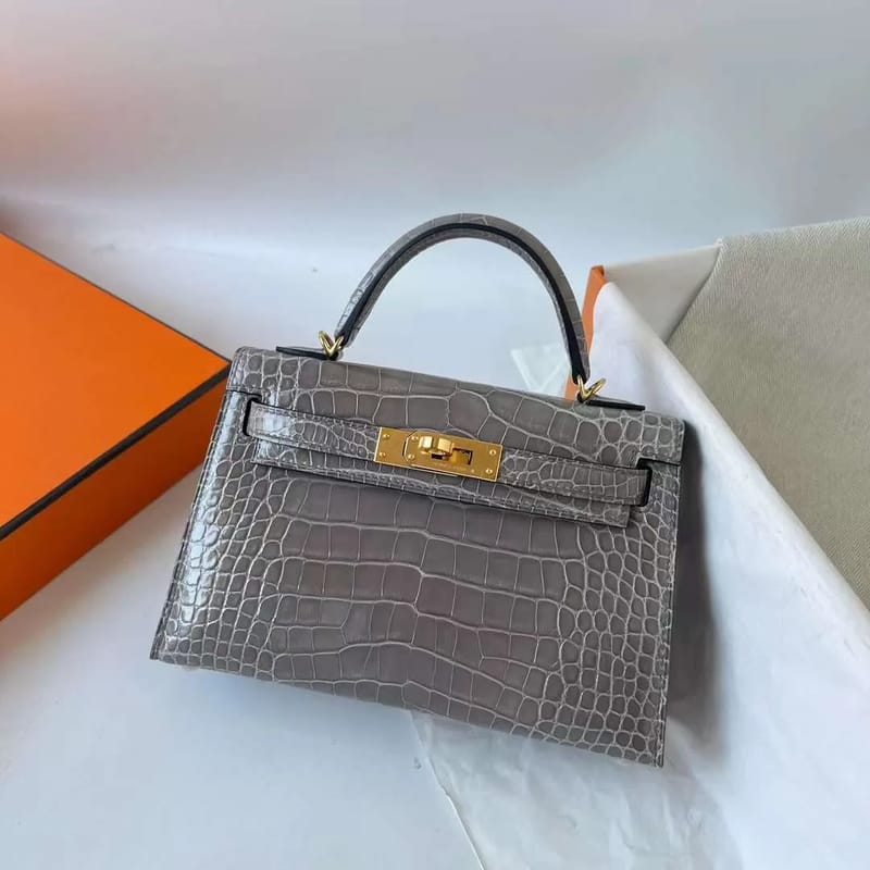 MINI KELLY SHINY ALLIGATOR CK81 TURTLEDOVE GREY GOLD HARDWARE 19CM FULL HANDMADE GHW