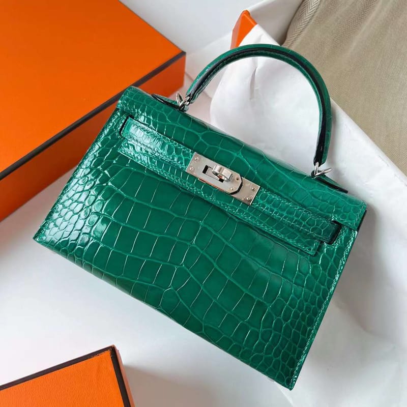 MINI KELLY SHINY ALLIGATOR CROCODILE 6Q JADE GREEN SILVER HARDWARE PHW 19CM FULL HANDMADE