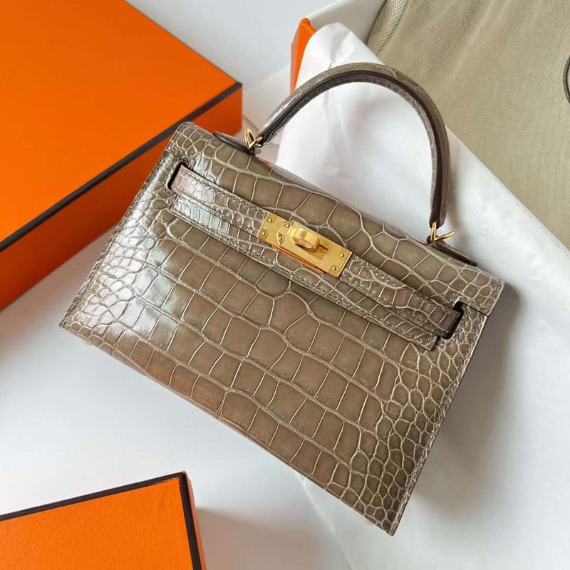 MINI KELLY SHINY ALLIGATOR CROCODILE CK18 ETOUPE GREY GOLD HARDWARE GHW 19CM FULL HANDMADE