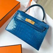 MINI KELLY SHINY ALLIGATOR CROCODILE 7Q BRIGHT DEEP BLUE GOLD HARDWARE GHW 19CM FULL HANDMADE