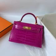 MINI KELLY SHINY ALLIGATOR J5 DEEP PURPLE PINK GOLD HARDWARE 19CM FULL HANDMADE GHW