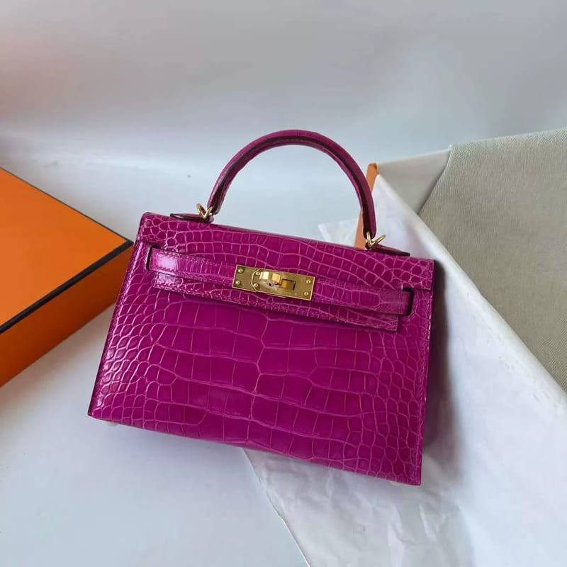 MINI KELLY SHINY ALLIGATOR J5 DEEP PURPLE PINK GOLD HARDWARE 19CM FULL HANDMADE GHW