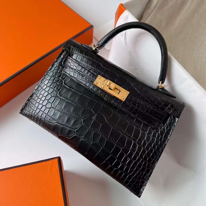 MINI KELLY MATTE ALLIGATOR CROCODILE CK89 BLACK GOLD HARDWARE GHW 19CM FULL HANDMADE