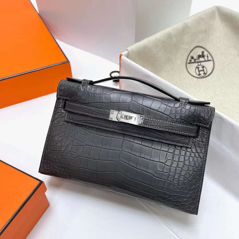 MINI KELLY POCHETTE MATTE ALLIGATOR CROCODILE CK88 GRAPHITE GREY SILVER HARDWARE PHW 22CM FULL HANDMADE