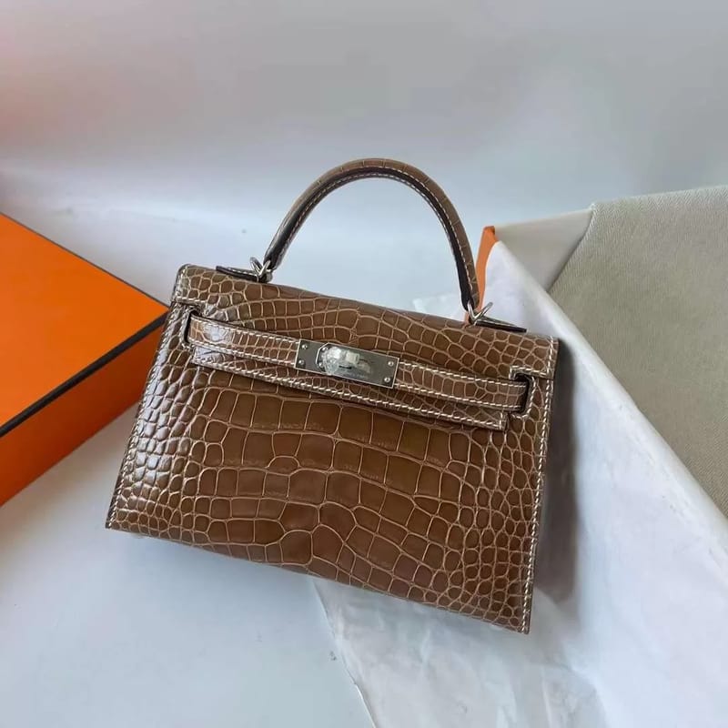 MINI KELLY SHINY ALLIGATOR CK17 TOBACCO BROWN SILVER HARDWARE 19CM FULL HANDMADE PHW