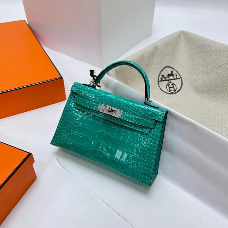 MINI KELLY SHINY ALLIGATOR CROCODILE O6 GREEN SILVER HARDWARE PHW 19CM FULL HANDMADE