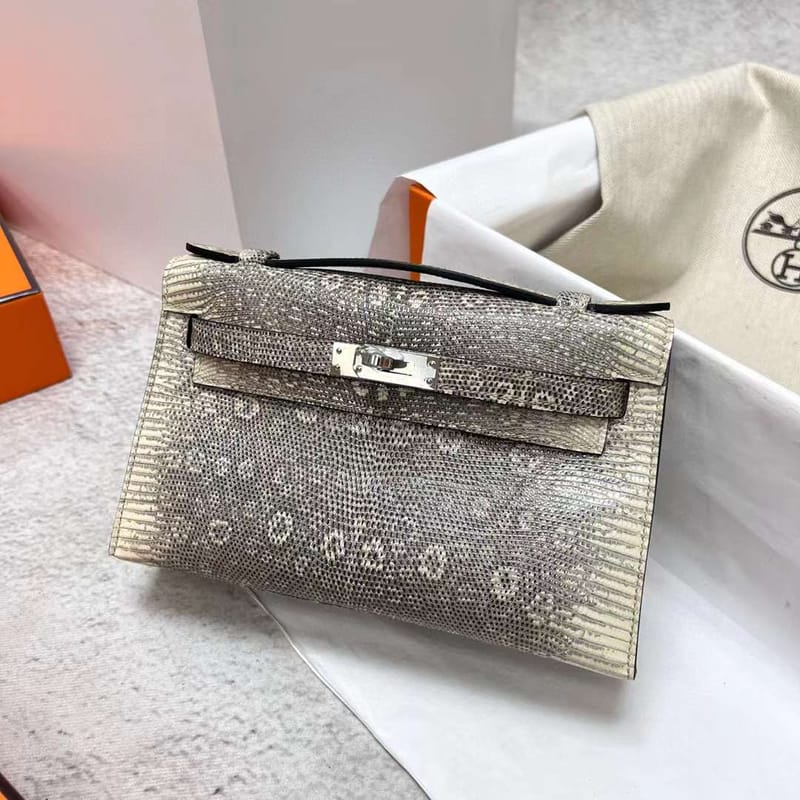 MINI KELLY POCHETTE LIZARD LEATHER 01 NATURAL COLOR SILVER HARDWARE PHW 22CM FULL HANDMADE