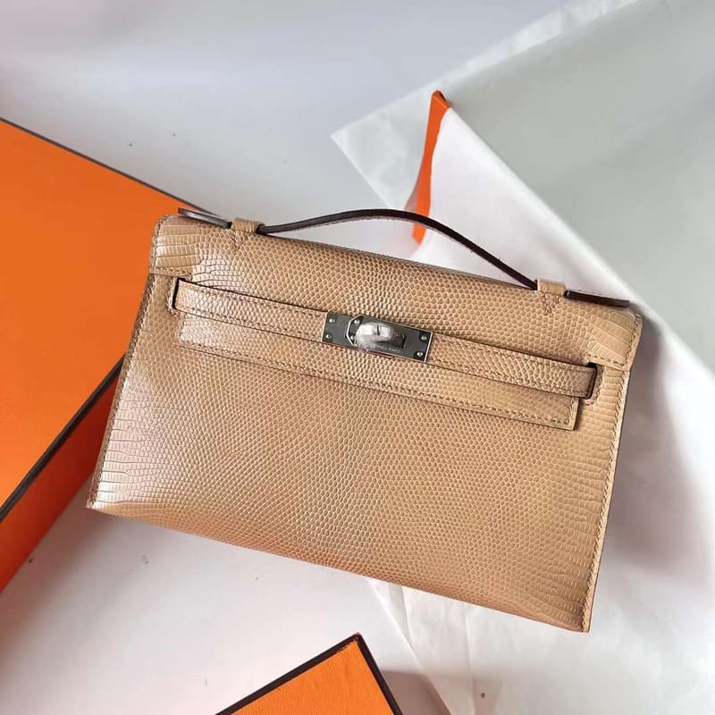 MINI KELLY POCHETTE LIZARD 0M KHAKI CHAI SILVER HARDWARE PHW 22CM FULL HANDMADE