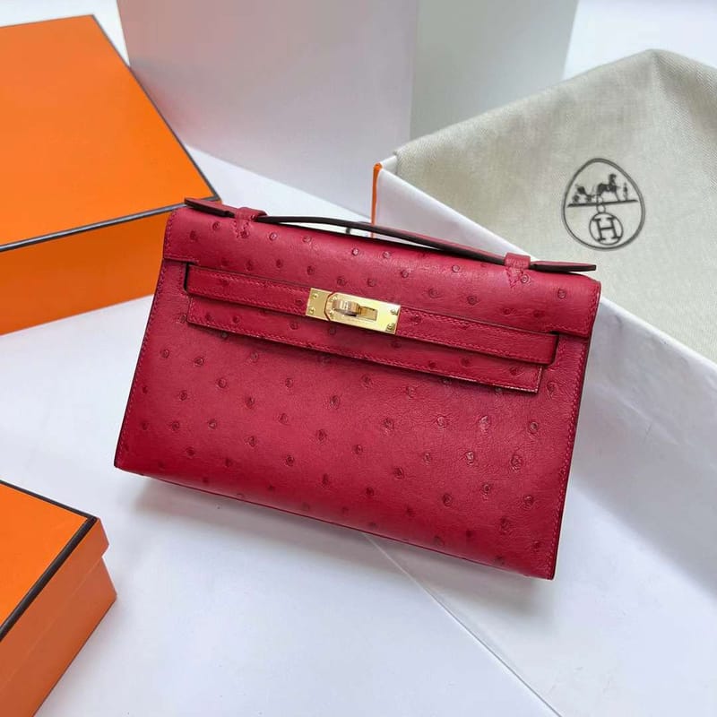 MINI KELLY POCHETTE OSTRICH CK53 BRIGHT RED GOLD HARDWARE GHW 22CM FULL HANDMADE