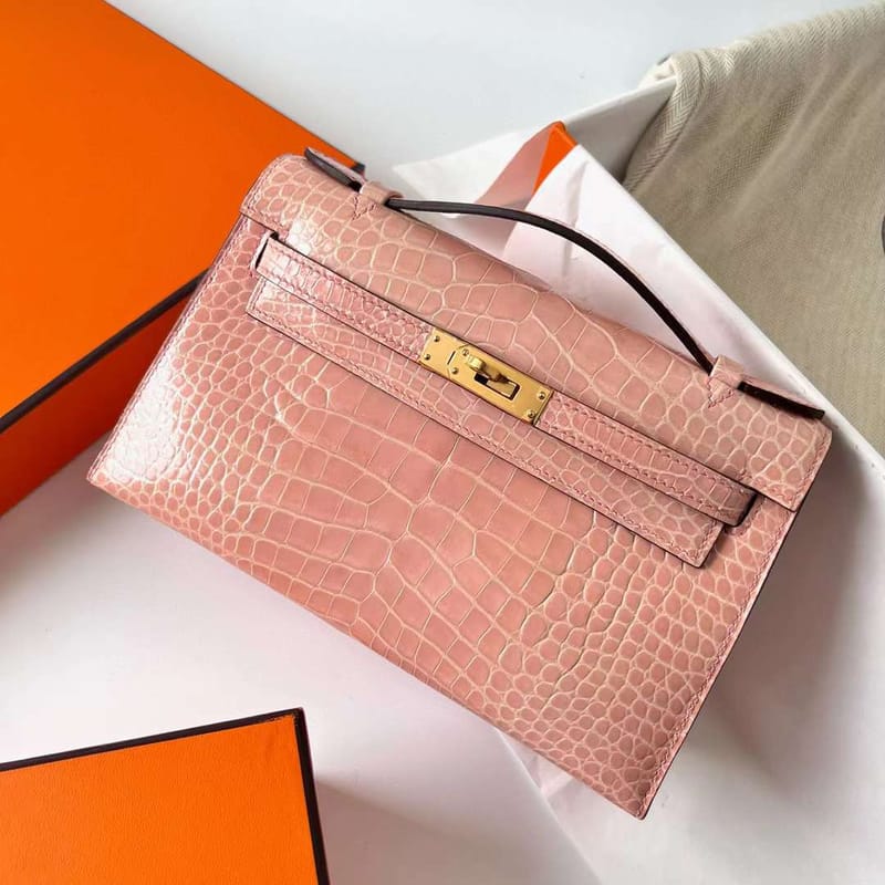 MINI KELLY POCHETTE SHINY ALLIGATOR CROCODILE P1 LIGHT ROSE PINK GOLD HARDWARE GHW 22CM FULL HANDMADE