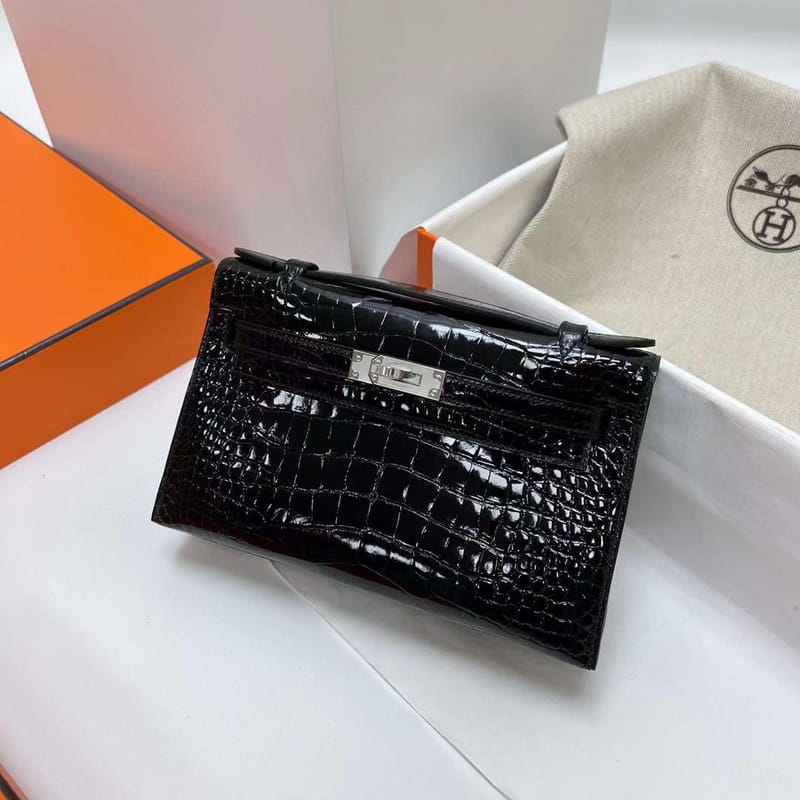 MINI KELLY POCHETTE SHINY ALLIGATOR CROCODILE CK89 BLACK SILVER HARDWARE PHW 22CM FULL HANDMADE
