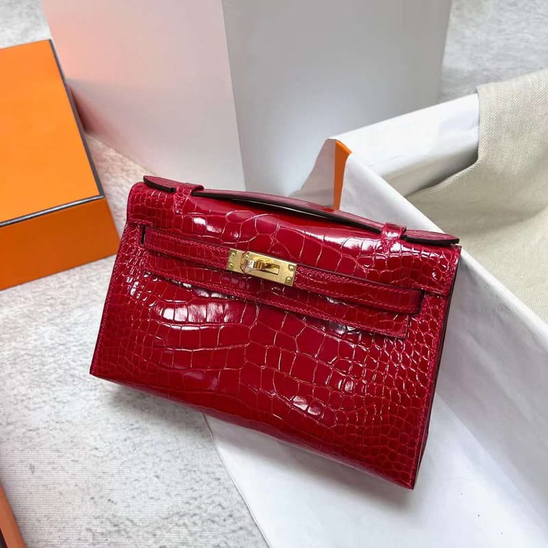 MINI KELLY POCHETTE SHINY ALLIGATOR CROCODILE CK95 FERRARI RED GOLD HARDWARE GHW 22CM FULL HANDMADE